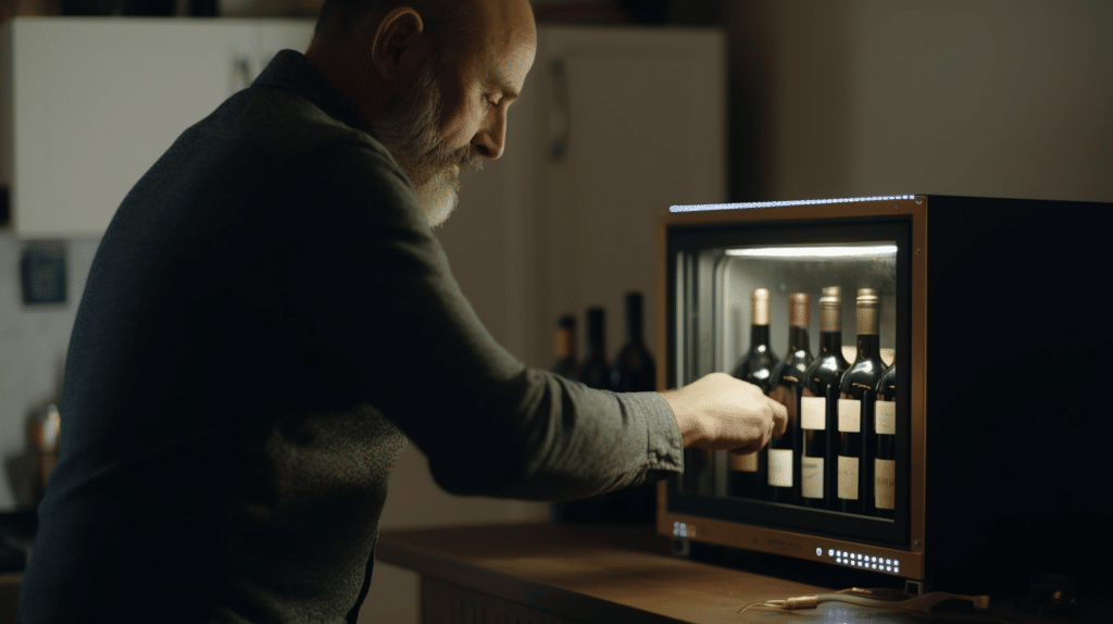 a man testing out a wine fridge