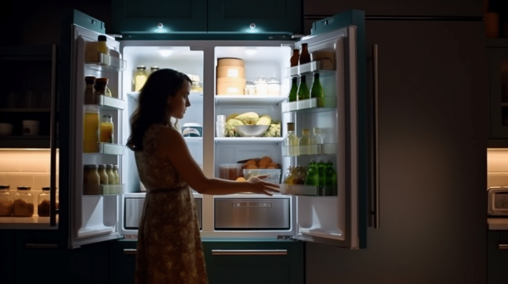 a woman testing a French style fridge freezer