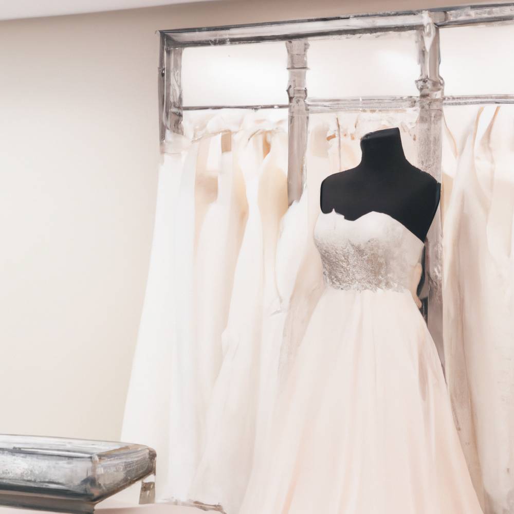 A beautiful white wedding gown with intricate lace details displayed on a mannequin inside a boutique