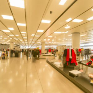 A store in a shopping mall, displaying clothing racks and shelves.