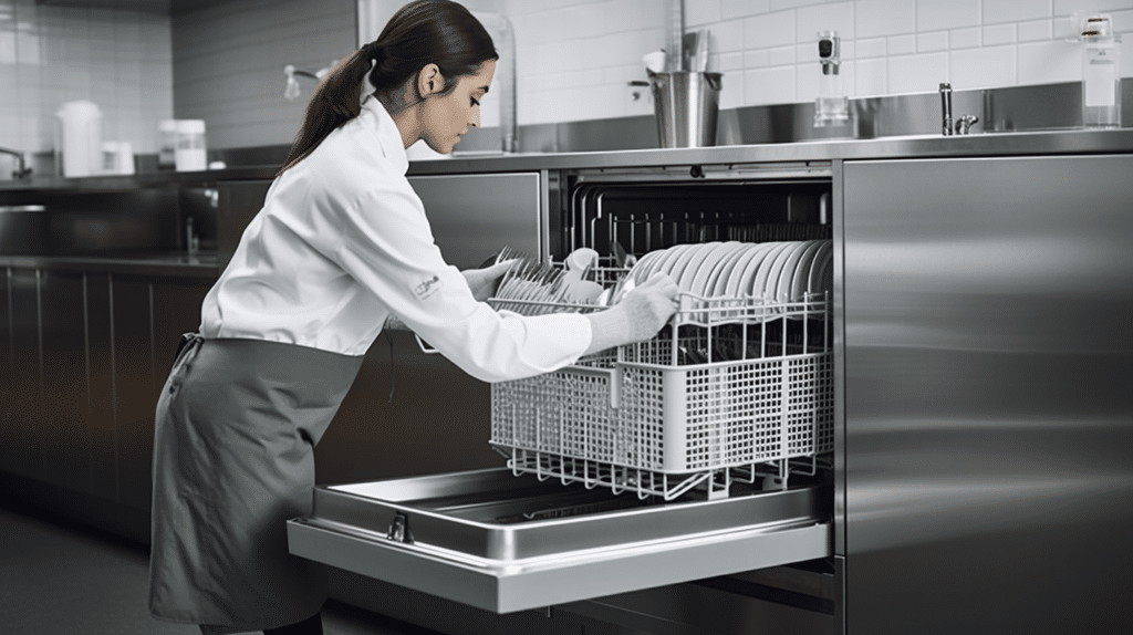 a lady testing a commercial dishwasher