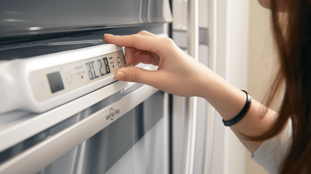 a lady testing a fridge thermometer