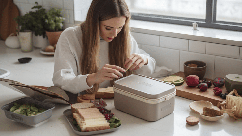 a lady testing a lunch box for an adult