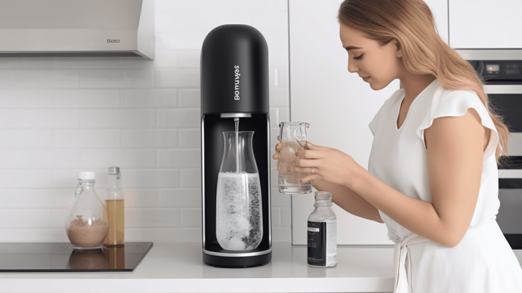 a lady testing a sodastream in a kitchen