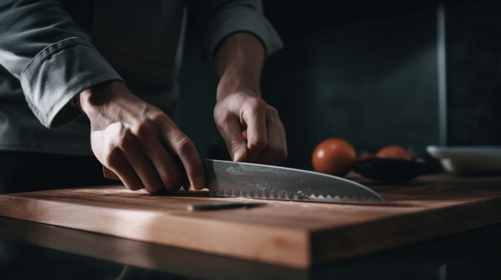 a man testing a Japanese knife set