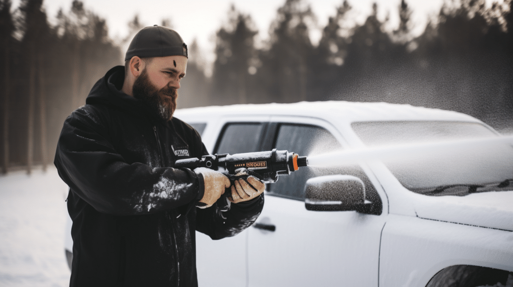 a man testing a snow foam gun for a garden hose