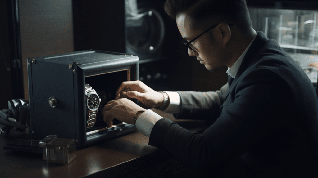 a man testing a watch winder for Rolex