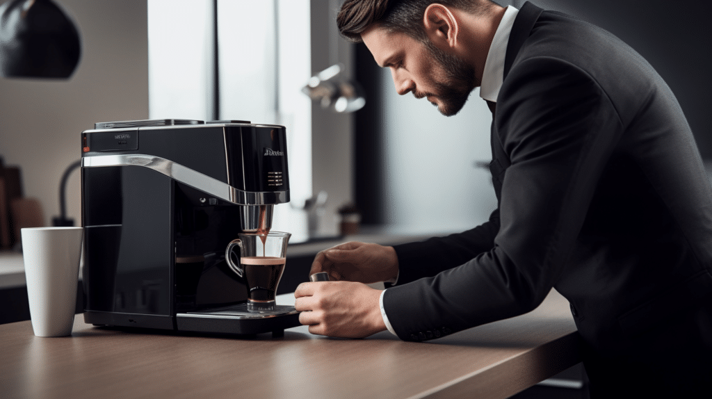 a man testing out a coffee machine for a small office