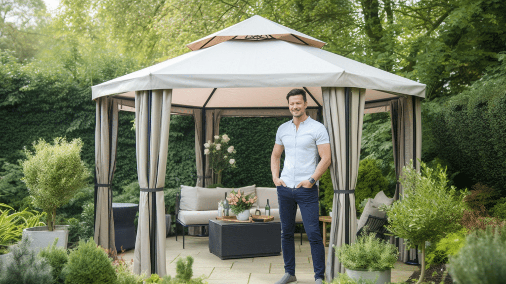 a man testing out a gazebo