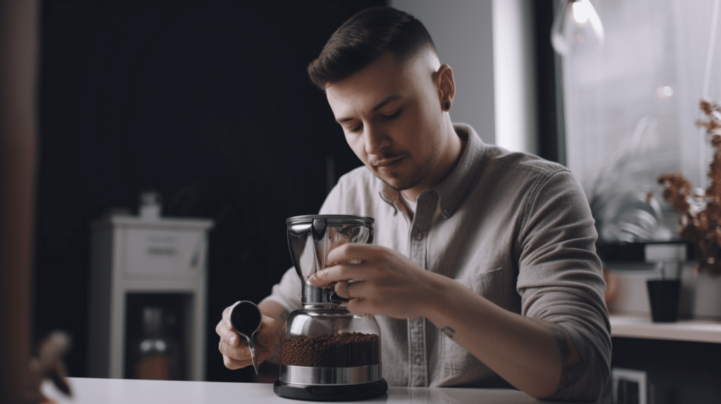 a man testing out a manual coffee grinder