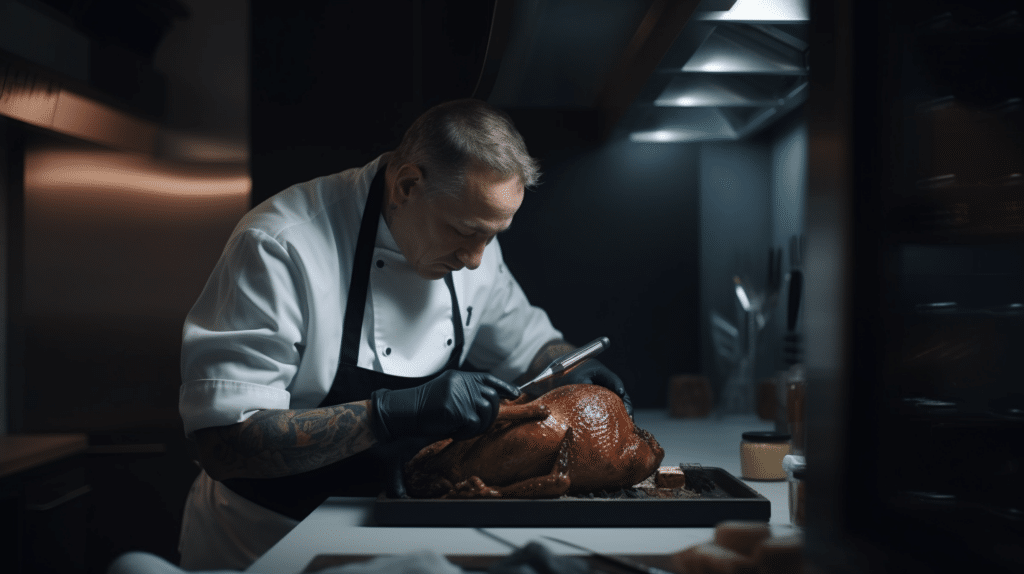 a man testing out a meat thermometer