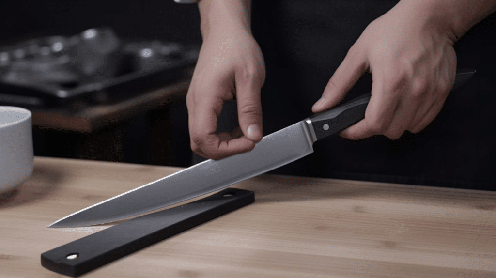 a man testing out a sharpening steel