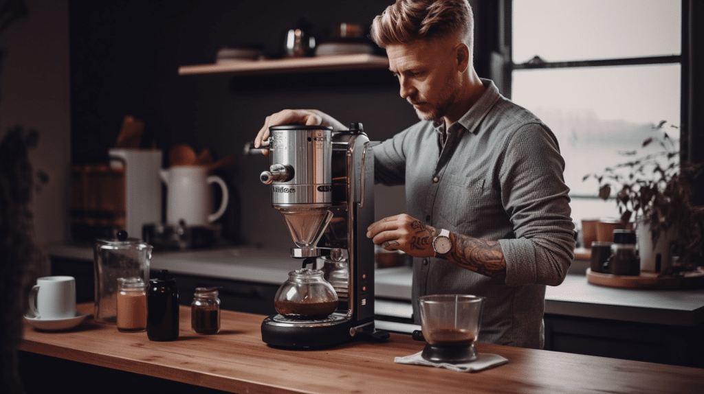 a man testing out a small filter coffee machine