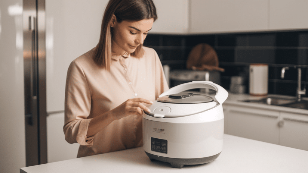 a woman testing a Japanese rice cooker in a kitchen