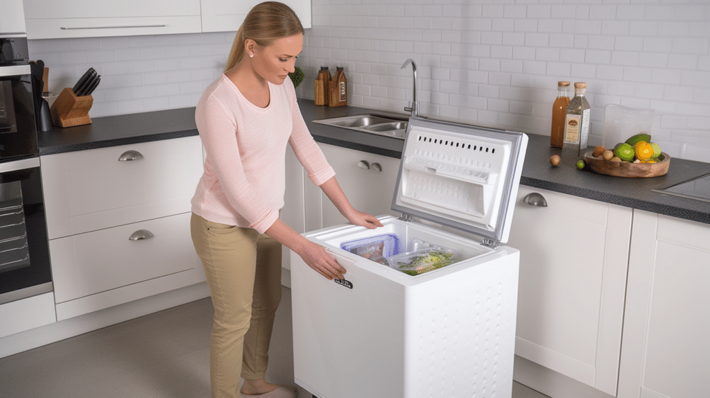 a woman testing a chest freezer in a kitchen
