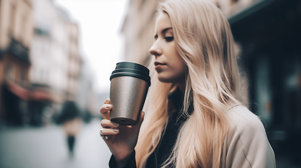 a woman testing a coffee travel mug