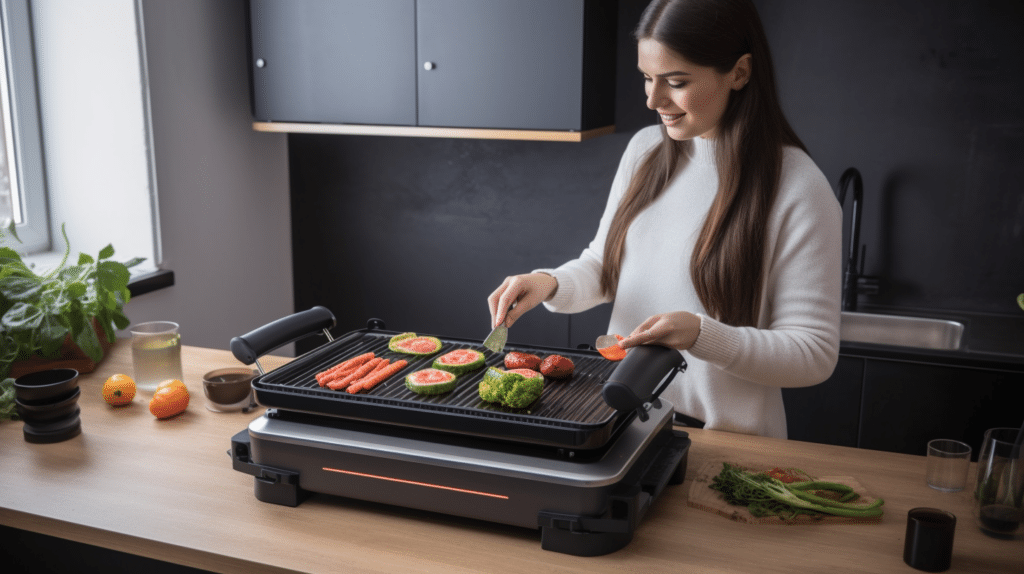a woman testing a grill with a removable plate
