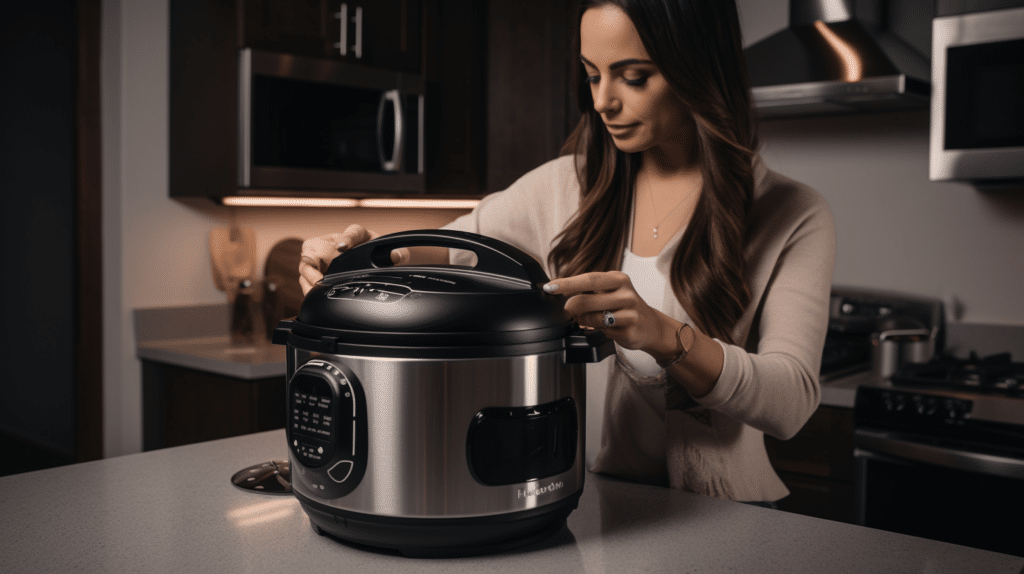 a woman testing a multi cooker with an air fryer