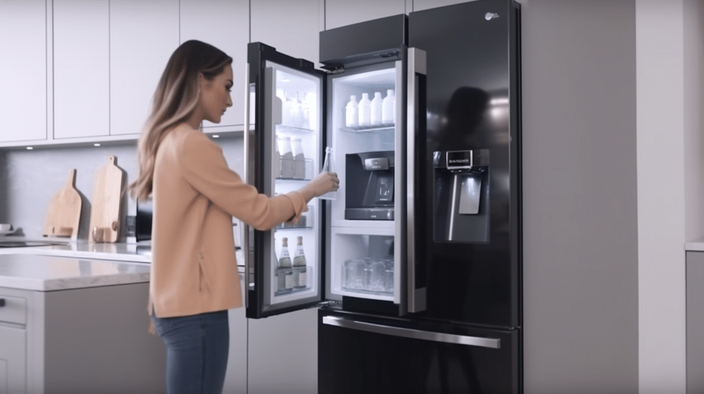 a woman testing a non-plumbed American fridge freezer