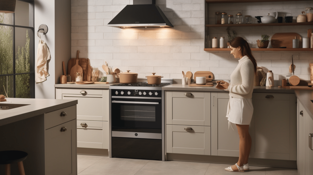 a woman testing a range cooker in a kitchen