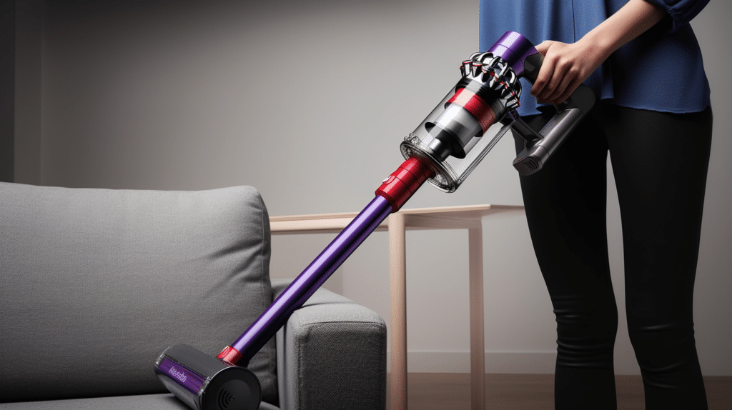 a woman testing a replacement battery for her Dyson V6
