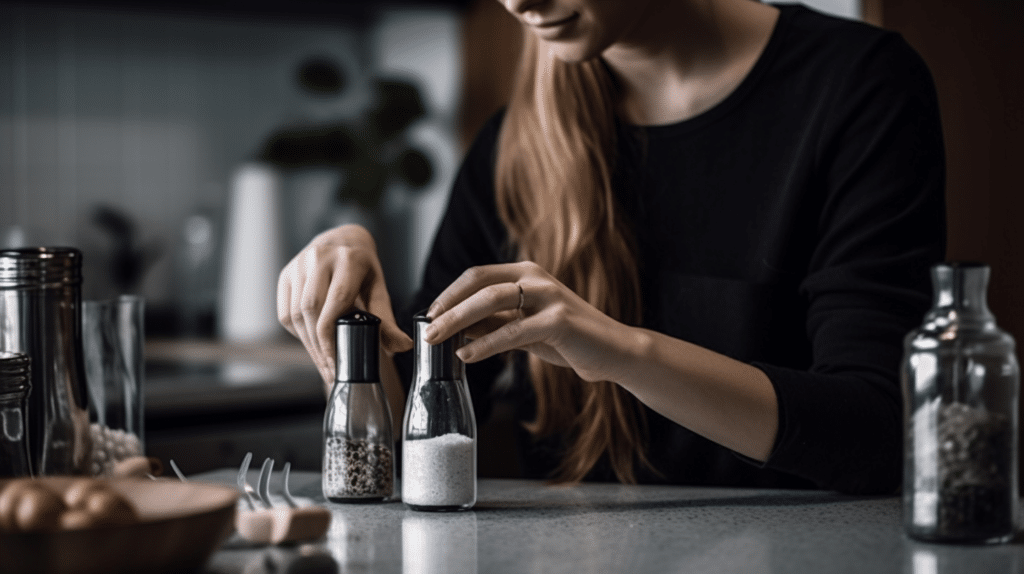 a woman testing a salt and pepper grinders