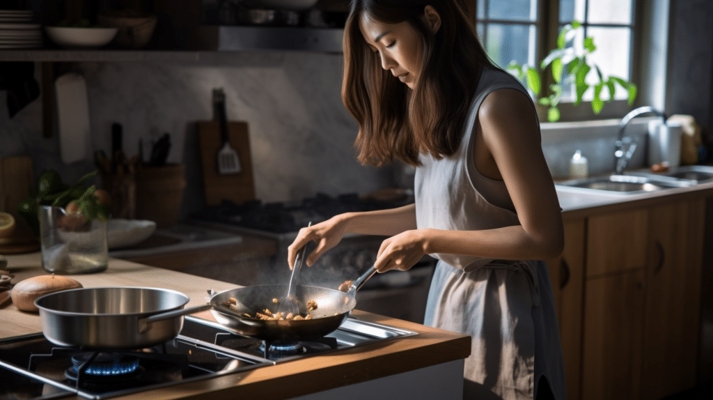 a woman testing a wok in a kitchen