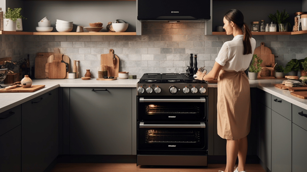 a woman testing out a dual fuel cooker 60cm in a kitchen