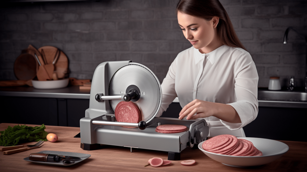 a woman testing out a meat slicer