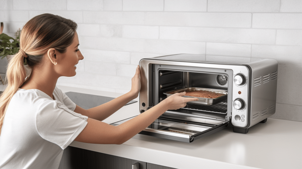 a woman testing out a mini oven air fryer