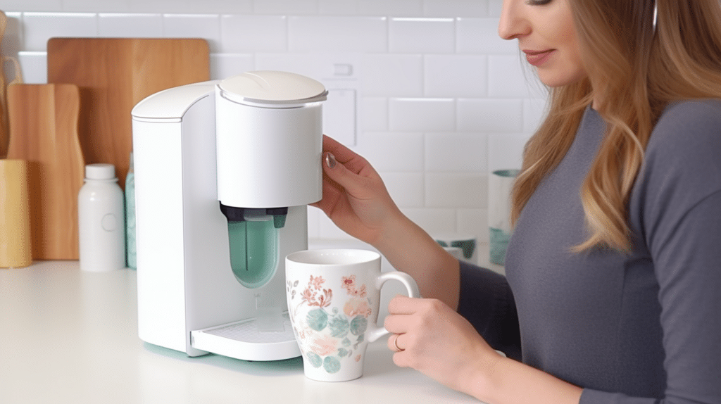 a woman testing out a mug press machine