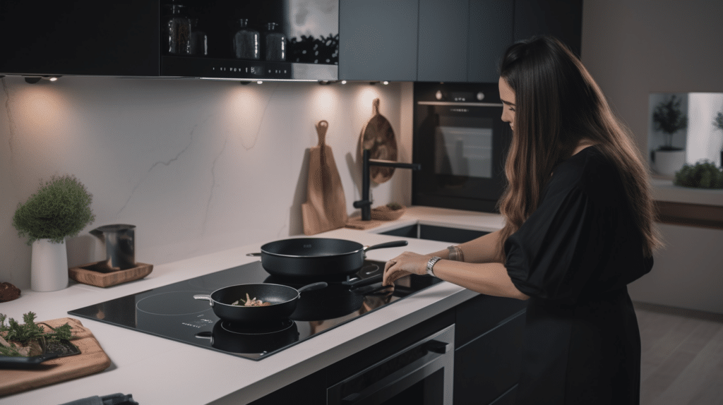 a woman testing out a pan for an induction hob