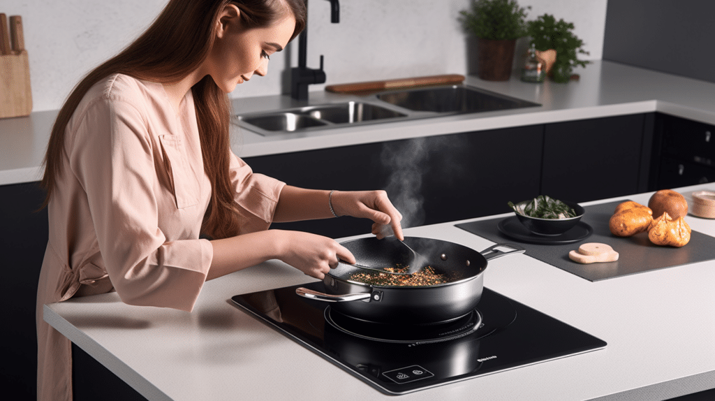 a woman testing out a portable induction hob