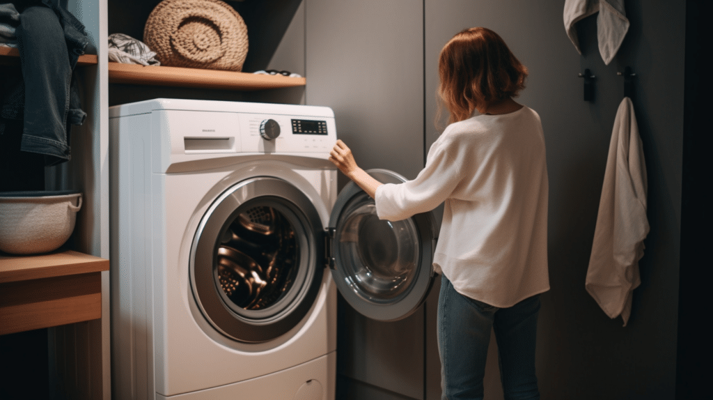 a woman testing out an LG washing machine