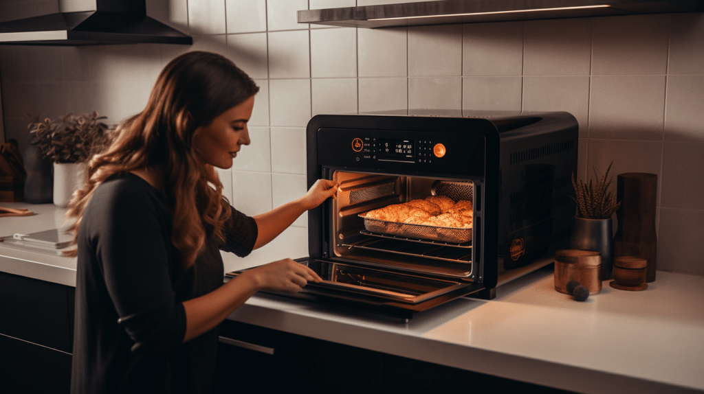 a woman testing out an air fryer microwave combo