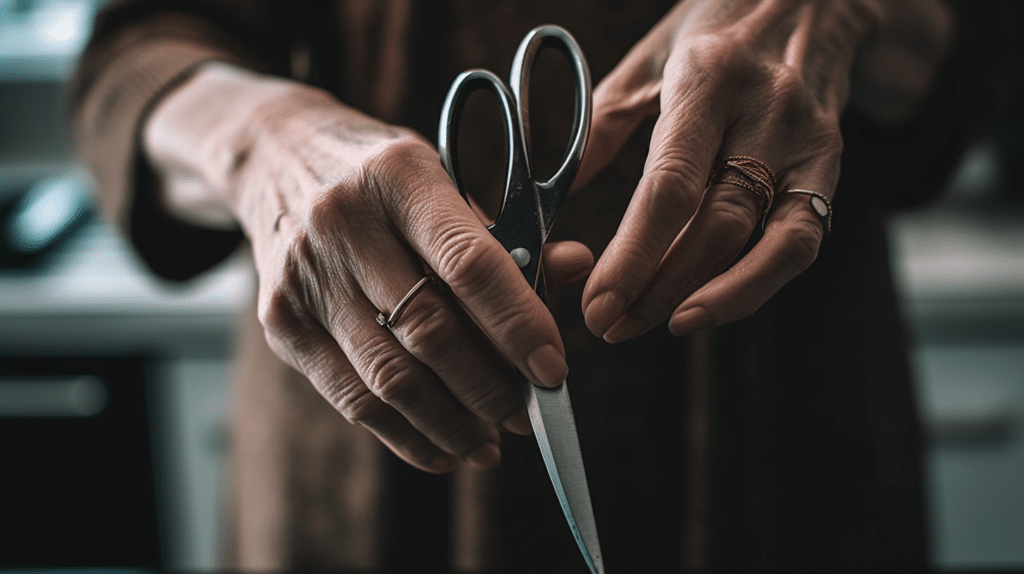 a woman testing out kitchen scissors