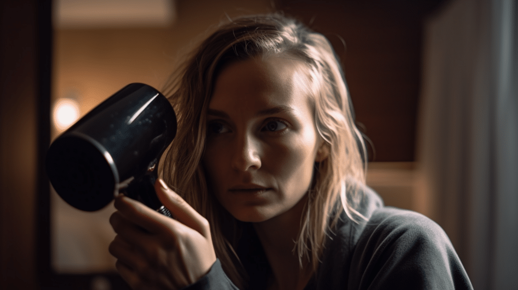 a woman with long hair testing a travel hair dryer