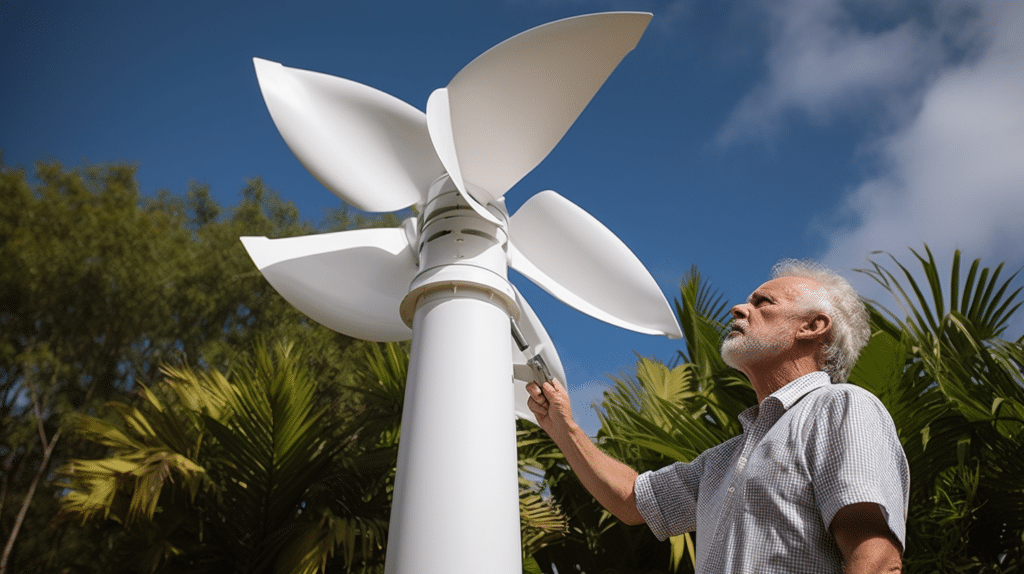 an old man testing a vertical wind turbine