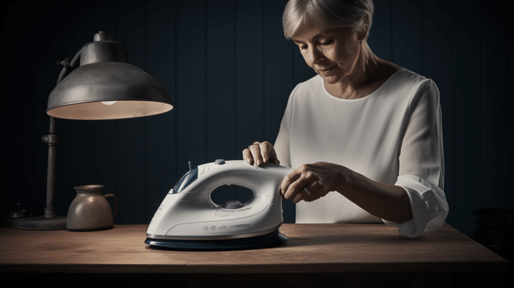 an old woman testing a cordless iron