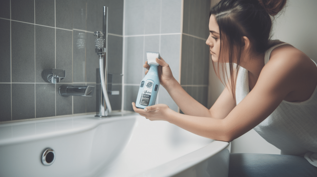 a lady testing a bathroom cleaner