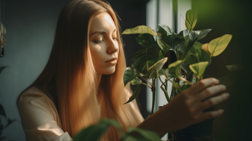 a lady testing artificial plants