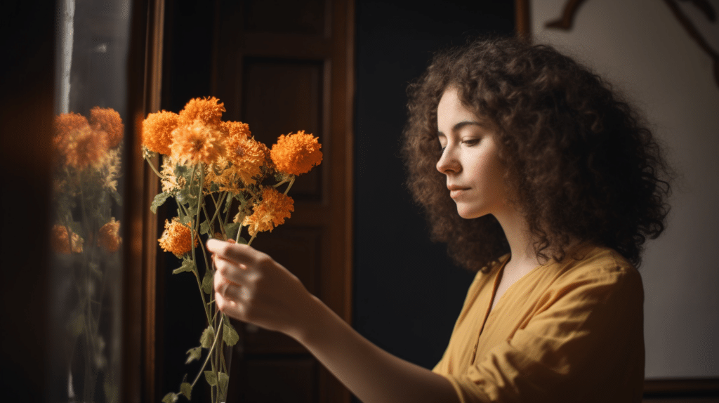 a lady testing out artificial flowers