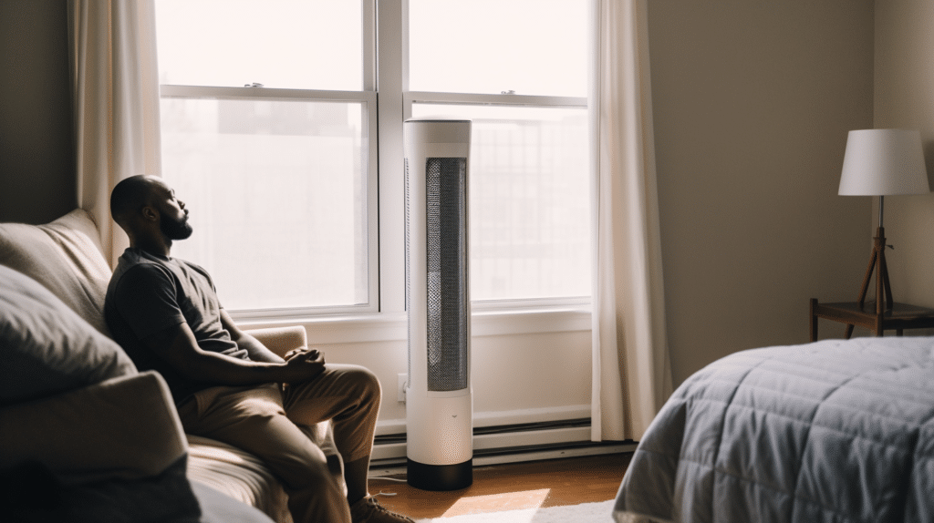 a man testing a quiet cooling fan for bedroom