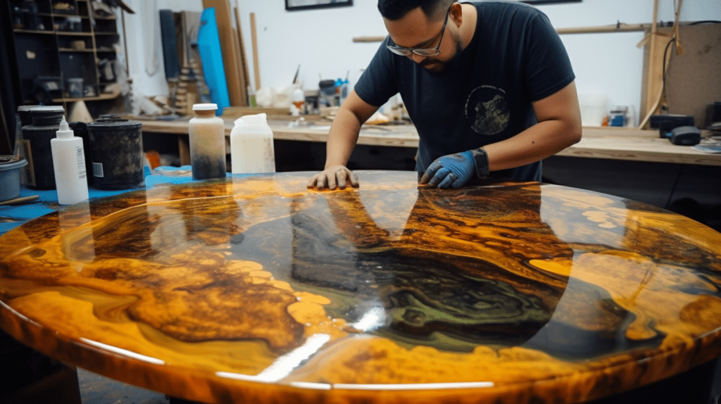 a man testing resin for a table top
