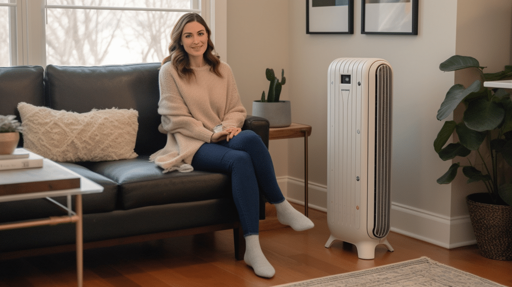 a woman with long hair testing a radiator